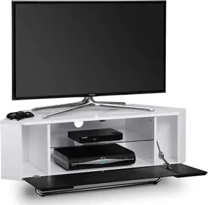 Homeology Hampshire Corner-Friendly Gloss White with Black Beam-Thru Remote Friendly Door up to 50" Flat Screen TV Cabinet