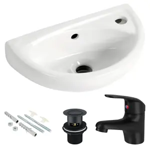 Small Compact Wall Hung Bathroom Basin Sink with Matt Black Tap & Waste