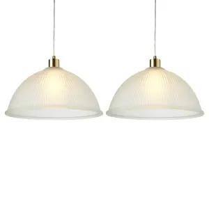 First Choice Lighting Set of 2 Frosted Ribbed Glass with Satin Brass Ceiling Pendants