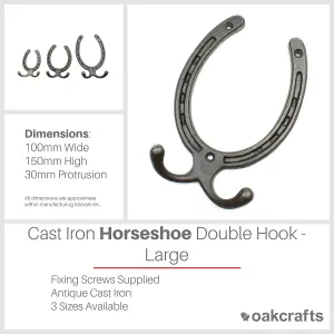 Oakcrafts - Antique Cast Iron Horseshoe Double Hook - Large