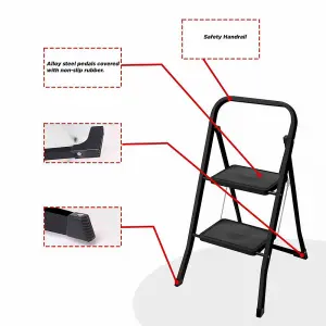 Dekton Folding Metal 2 Step Ladder Portable Wide Steps Non Slip Rubber Safety