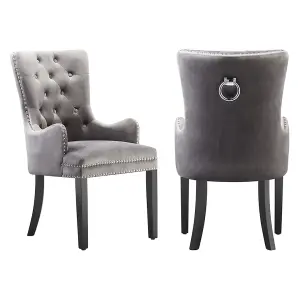 Set of 2 Windsor Knocker Back Dining Chairs Velvet Dining Room Chair w/ Armrest, Dark Grey