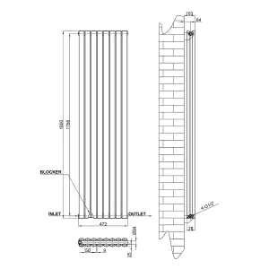 Vertical Black Double Oval Panel Radiator (H)1800mm x (W)472mm, 9204 BTU.