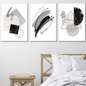 Set of 3 Abstract Black Grey Ivory Watercolour Shapes Wall Art Prints / 50x70cm / White Frame