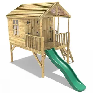 Rebo 5FT x 5FT Childrens Wooden Garden Playhouse on Deck with 6ft Slide - Falcon Green