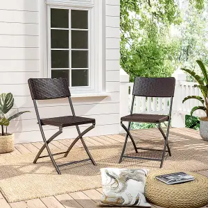 2Pcs Brown Rattan Effect Outdoor Garden Folding Chairs Dining Chairs Set