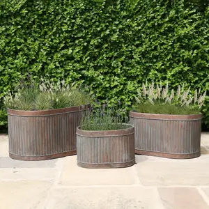 Set of 3 Copper - Grey Oval Iron Indoor Outdoor Garden Planters