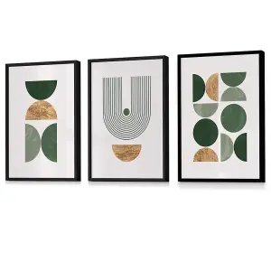 Modern Mid Century Green and Gold Set of 3 Wall Art Prints / 42x59cm (A2) / Black Frame