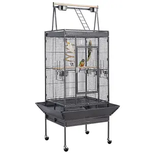 Yaheetech Black Play Top Metal Rolling Bird Cage w/ Industrial Wheels