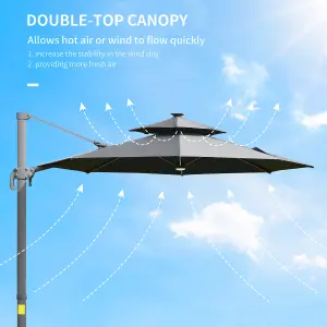 Outsunny 3m Cantilever Parasol Solar Lights Power Bank Base 360 degree Spin Dark Grey