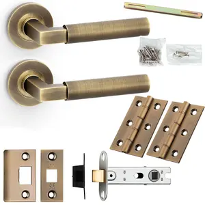 Door Handle & Latch Pack - Antique Brass - Mitred Smooth Bar Lever On Round Rose