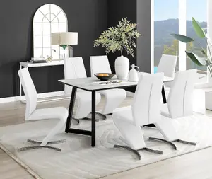 Furniturebox UK Carson White Marble Effect Dining Table & 6 White Willow Chairs