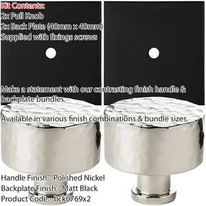 2 PACK - Cabinet Door Knob & Contrasting Backplate Set - Hammered Kitchen Pull - Polished Nickel & Black