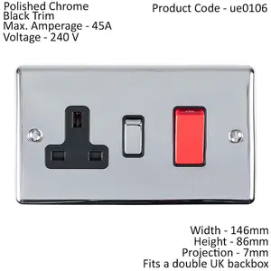 45A DP Oven Switch & Single 13A Switched Power Socket CHROME & Black Trim