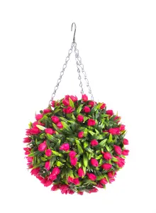 Best Artificial 28cm Pink Tulip Hanging Basket Flower Topiary Ball - Suitable for Outdoor Use - Weather & Fade Resistant