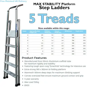 1.2m MAX STABILITY Platform Step Ladders 5 Tread Anti Slip Aluminium DIY Steps