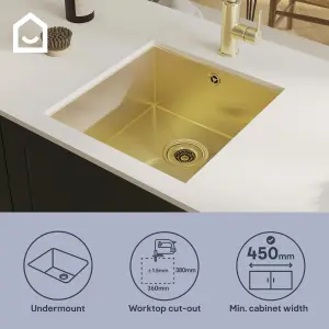 GoodHome Koseret Brushed Brass Stainless steel 1 Bowl Kitchen sink 430mm x 450mm