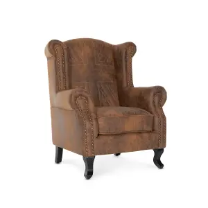 Faux Leather Suede Brown Britannia Wing Back Chair with Union Jack Flag