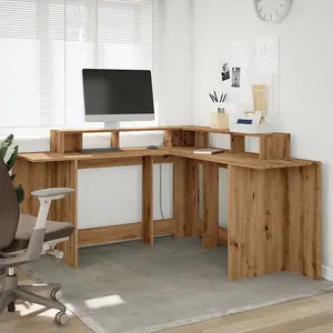 Berkfield Desk with LED Lights Artisian Oak 152x152x91 cm Engineered Wood