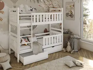 Modern Wooden Bunk Bed Monika with Storage in White with Bonnell Mattresses