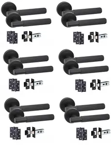 6 Set Knurled T-Bar Door Handles with Latch and Hinges Matt Black Finish