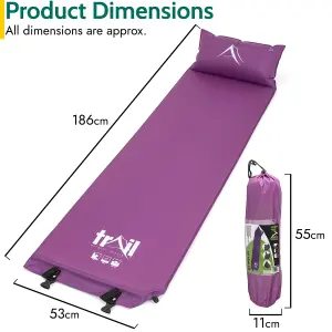 Single Pillow Camping Mat Self Inflating Inflatable Roll Mattress With Bag Purple Trail