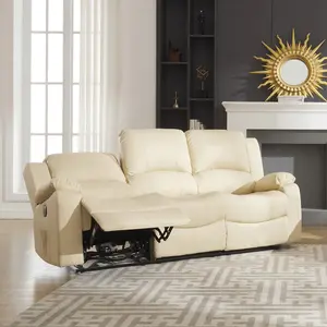 Glendale 201cm Wide 3 Seat Cream Bonded Leather Electrically Operated 3 Seat Recliner Sofa