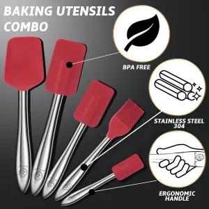 Gourmet Easy 5 Piece Silicone Spatula Set with Stainless Steel Handle - Red