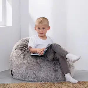 Icon Kids Faux Fur Fluffy Bean Bag Chair Arctic Wolf Grey