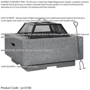 64cm Dark Grey Square Fire Pit and BBQ Grill for Outdoor Parties