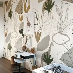 Roomblush Nursery  Safari Jungle Kids Eco 4 Lane Repeatable Wallpaper Mural 200 x 285cm, Neutral Beige