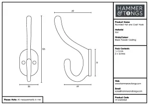 Hammer & Tongs - Rounded Hat & Coat Hook - W35mm x H125mm - Black