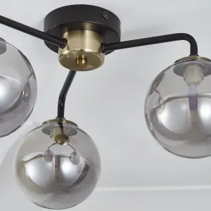 Inlight Agile Flush Matt Glass & metal Black Antique brass & smoked glass effect 3 Lamp LED Ceiling light