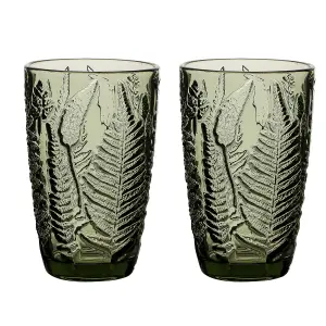 Set of 2 Luxury Green Leaf Embossed Tall Highball Drinking Glass Tumblers 350ml