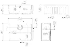 595mm - Fireclay Kitchen Single Bowl Fluted Front Butler Sink - with Overflow