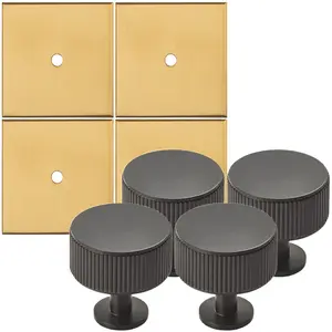 4 PACK - Cabinet Door Knob & Contrasting Backplate Set - Reeded Kitchen Pull - Matt Black & Satin Brass