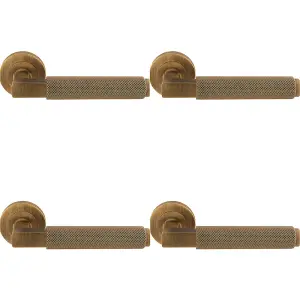 4 PACK - Premium Knurled Door Handle Set - Antique Brass Angled Lever on Round Rose