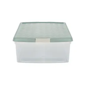 Wham Clip 2x 30L Rectangular Plastic Storage Boxes with Secure Clip Lock Lids.L:59.5 x W:39.5 x H:17cm Clear/Green Milieu/Stone