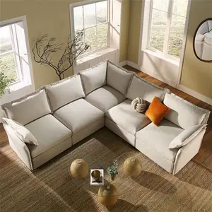 Byron Pillow Edge Beige Fabric Modular Sofa, 5-Seater Corner - Daals - Sofas