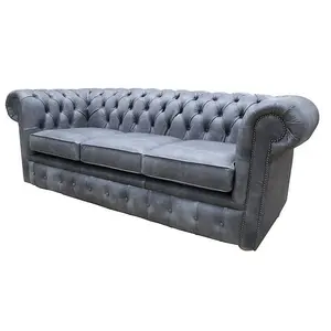 Chesterfield Original 3 Seater Settee Cracked Wax Ash Grey Real Leather Sofa