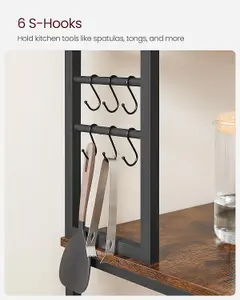 VASAGLE Tall Baker's Rack, Kitchen Storage Unit with Shelves, 6 Hooks & Metal Frame, Microwave Stand, Rustic Brown & Black