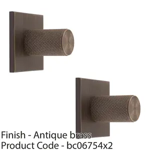 2 PACK - Knurled Cylinder Cabinet Door Knob & Matching Backplate Antique Brass 40 x 40mm