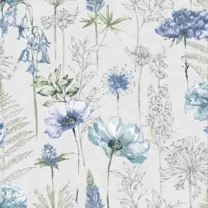 Fresco Floral Sketch Blue Wallpaper