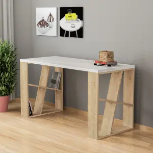 Decortie Honey Modern Desk with Integrated Bookshelf Storage White Oak 137cm