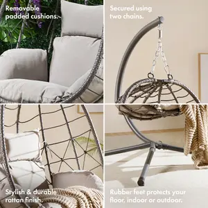 VonHaus Hanging Egg Chair, Grey Rattan Garden Swing Chair with Stand, Foldable Hanging Chair w/ Padded Cushions, Outdoor & Indoor