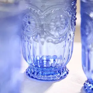 Set of 2 Luxury Embossed Blue Tall Drinking Glass Tumblers 330ml