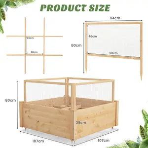 Costway Wooden Elevated Planter Box Square Raised Garden Bed with Fence