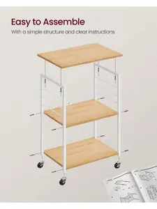 VASAGLE Kitchen Shelf On Wheels, Serving Trolley With 3 Shelves, Microwave Shelf, For Mini Oven, Toaster, With 6 Hooks