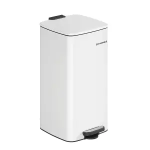 SONGMICS Trash Bin, Stainless Steel Waste Can, Pedal, with Inner Bucket, Soft Close, and Open Stay Capability, Cloud White