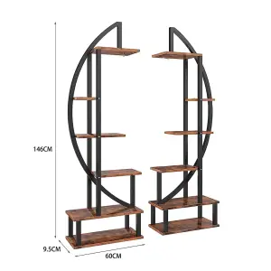 2Pcs 6 Tier Rustic Brown Crescent Wood Plant Stand Display Shelf with 4 Casters 146cm (H)